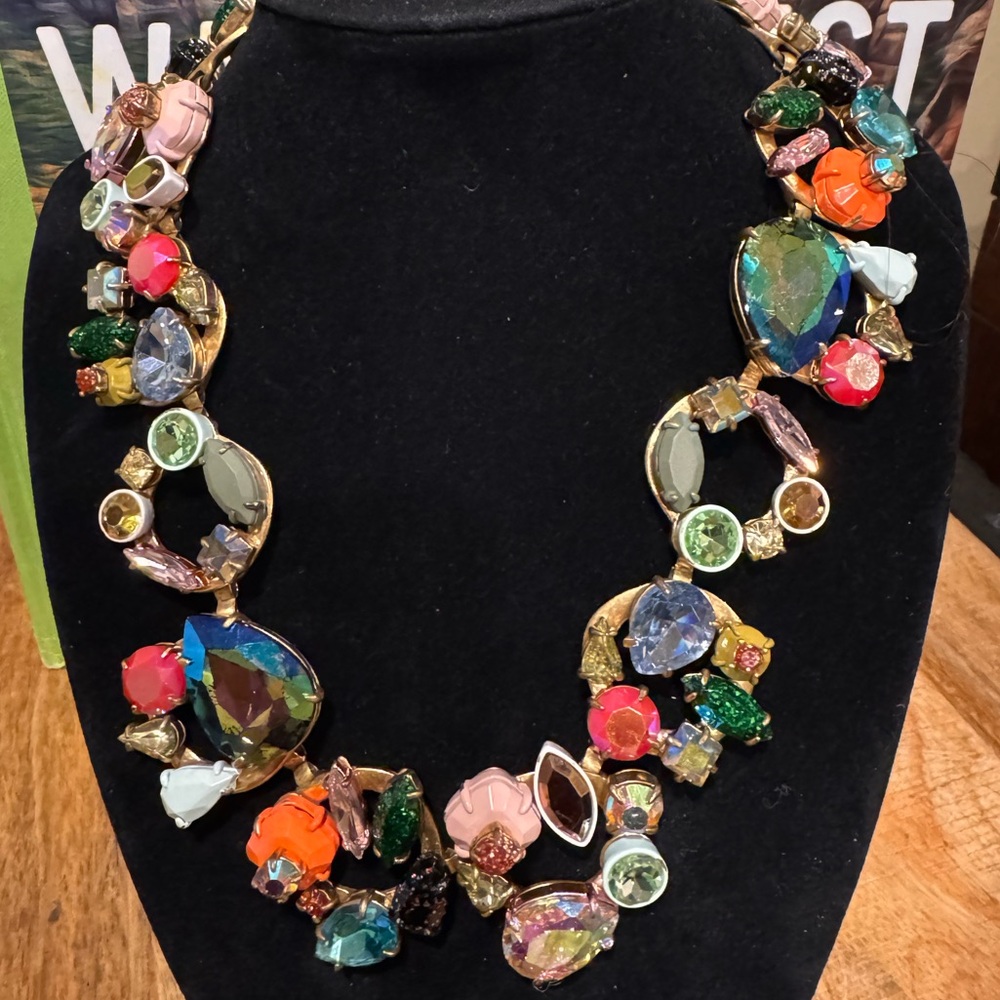 Retired J.Crew Statement Necklace Colorful Radiant Crystals and Enamel Metal